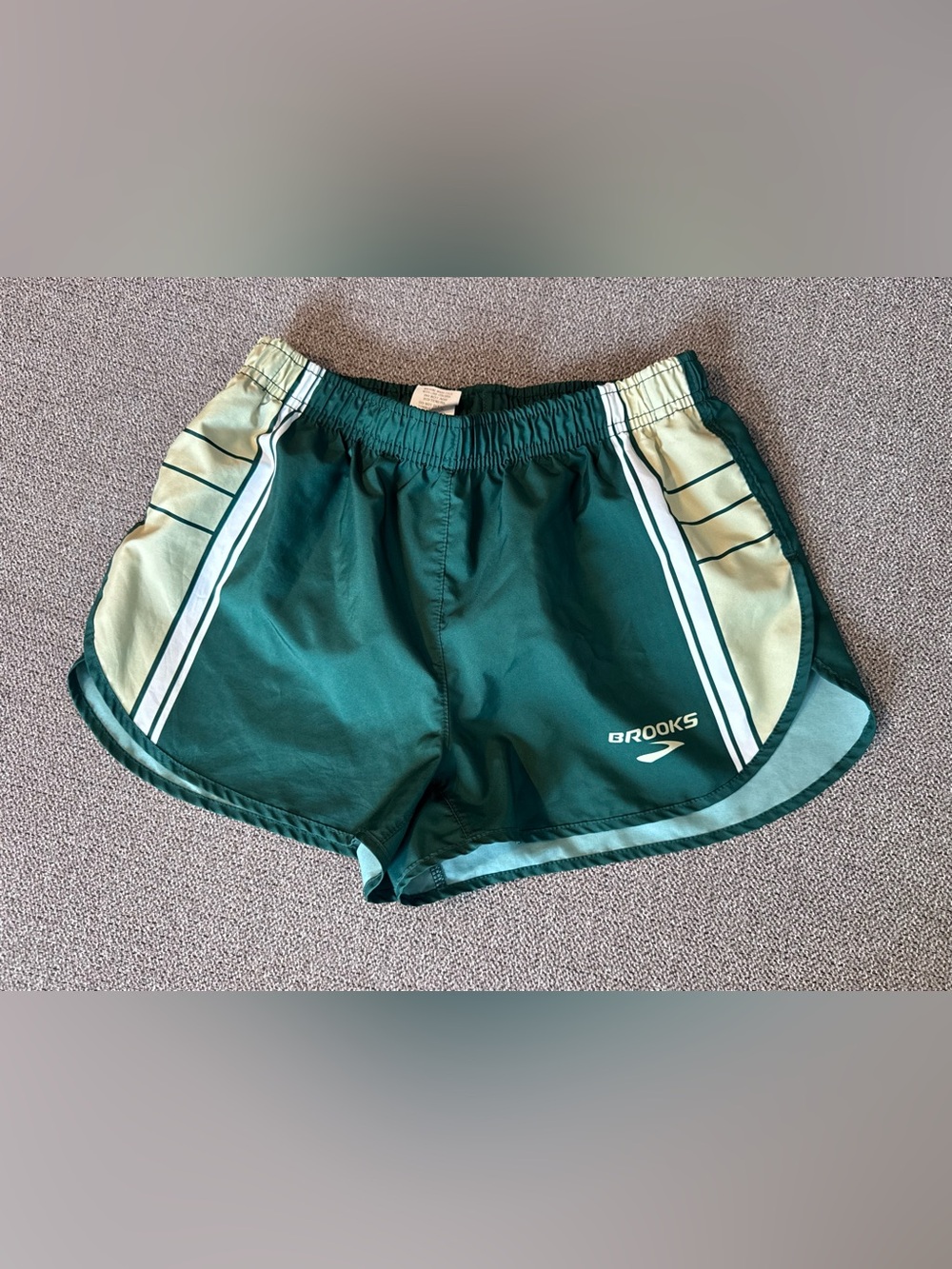 Brooks Women’s Dark Green Athletic Shorts with Light Green Panels
